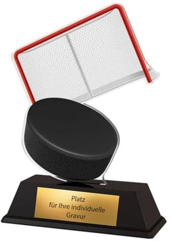 10 cm Eishockey Pokal - Acryltrophäe mit Puck & Tor Motiv - Inkl. Gravur | Sportliche Auszeichnung mit goldfarbenem Gravurschild, stabil montiert aus hochwertigem Acryl, ideal für Vereine & Turniere