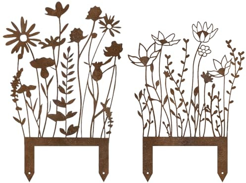 KERANEET Gartenstecker Rost Blumenstecker 2 Stück Gartendeko Rost Deko Garte Frühlingsdeko Rosts Deko für Garten Rasen Hof Balkon Blumentopf Frühlings Dekos
