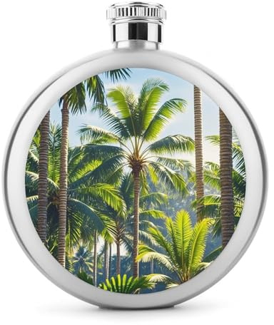 5 Oz Hip Flasks for Liquor Portable Travel Round Palm Trees Flasks Pocket Wine Drink Pot Leakproof Stainless Steel Thin Flask for Whiskey Liquor Wine & Men Gift