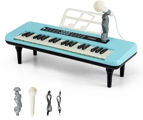 COSTWAY 37 Tasten Kinder Keyboard, Kinderklavier elektronisch mit Mikrofon, Notenständer & abnehmbare Beine, tragbares Musikinstrument, Kinderpiano Klaviertastatur für Kinder ab 3 Jahren (Blau)