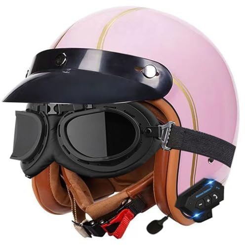 Retro Jet Bluetooth Motorrad Helm Mit Schutzbrille 3/4 Motorrad Jethelm DOTECE Zugelassen Offener Roller Helm für Erwachsene Männer und Frauen Moped Scooter Halbhelme O,L(59~60CM)