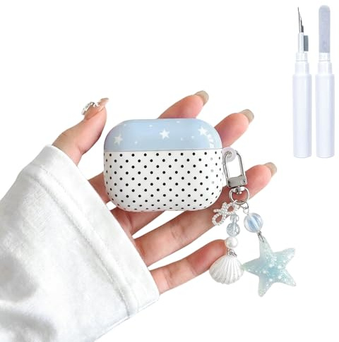 Reownest Hülle Kompatibel mit AirPods Pro 3 mit Reinigungsset, Süßes Polka Dot Muster Ästhetisches Design mit Seesternanhänger, Weiche Girly TPU Schutzhülle für AirPods Pro 3(2025) –Hellblau
