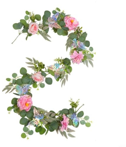 Tidgel Silk Peony Flower Vine with 3D Butterflies,180cm Artificial Garland for Wedding Arch Garden Railing Decor