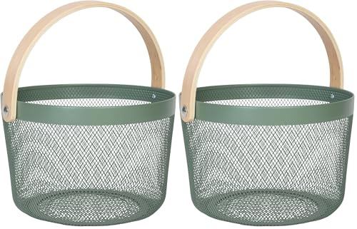 Relaxdays Drahtkorb mit Henkel, rund, Aufbewahrungskorb Metall & Holz, Utensilienkorb Küche, Bad, Wohnzimmer, Mint (Packung mit 2)