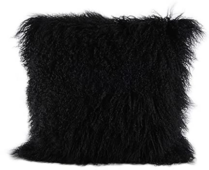 unite down Tibet Lammfell Kissenbezug Schaffell Echt Mongolisch Lammfell Fellkissen 50x50 cm Kissen mit Weichen Löckchen für Stühle Sofa & Bett Sitzkissen, Schwarz