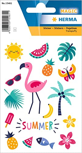 HERMA 15461 Aufkleber Flamingo klein groß, 15 Stück, Sommer Sticker mit Sonne Palme Eis Wassermelone Motiv, Kinder Etiketten für Fotoalbum Tagebuch Scrapbooking Geburtstag Deko Briefe DIY Basteln