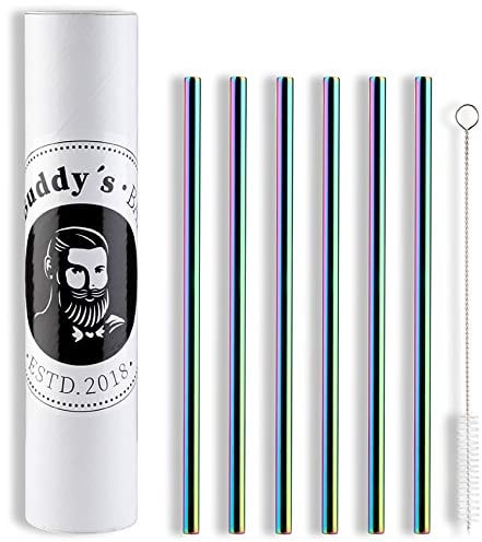 Buddy´s Bar - pajitas de acero inoxidable reutilizables, 6 pajitas de metal en juego + cepillo de limpieza, tamaño 21,5 cm x 8 mm, respetuosa con el medio ambiente, aspecto arco iris