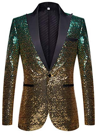 PYJTRL Herren Anzugjacke mit Pailletten (XS, Grün-Gold)