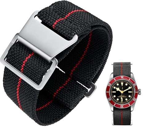 BINLUN Cinturino per Orologio in Nylon Elastico di Ricambio Militare Cinturino a Strappo Paracadute Marina Nazionale per Uomo Donna Fibbia Nero/Argento 18/20/22mm