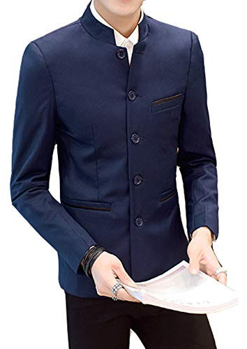 Pearl's Abito da Uomo Tunica Cinese con Colletto alla Coreana Giacca Formale Slim Fit Pulsante Frontale Blazer Tradizionale Uniforme Abito Sposo - Blu - M