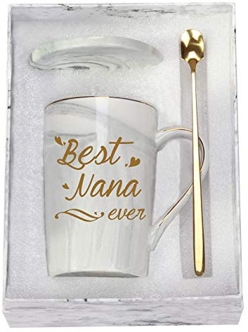Tasse mit Aufschrift Best Nana Ever, Kaffeebecher, Geschenk zum Geburtstag, Muttertag, Oma von Enkelkindern, Enkelsohn, Enkelkindern, 400 ml, Grau mit Geschenkbox