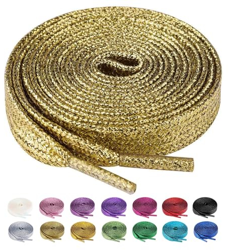Olukssck 2 Pares Cordones Planos de Lentejuelas Metálicas para Zapatillas, Cordones Purpurina Premium Repuesto para Zapatos para Calzado Deporte y Botas, Dorados, 120cm