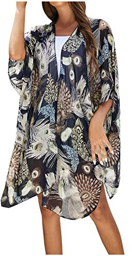 Women's Kimono Beach Swim Cover Up Chiffon Cardigan Summer Floral Print Open Front Loose Swimwear Robe Tops Bikini Cover Ups
