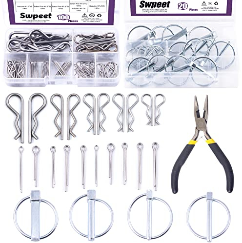 Swpeet 121 Stück 4 Größen weiße Zink-Lynch Pin mit Ring und 304 Edelstahl Splinte Haarnadel Anhängerkupplung Pin und R-förmige Clips Befestigung mit Nadelzange Kit für Bauernhof Traktoren Anhänger