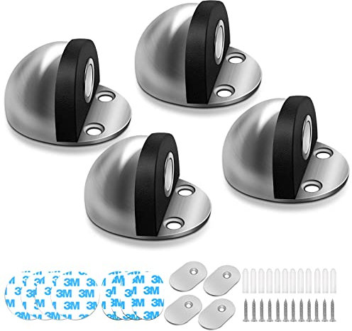 Door Stoppers 4 Pack, Magnetic Door Stops Self Adhesive Floor Door Stopper Stainless Steel Brushed Satin Nickel Door Holder Doorstops for Bottom of Door, Silver, Dome Shaped