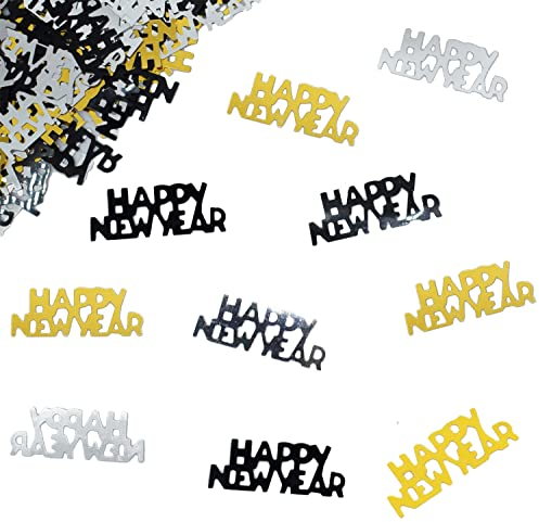 Happy New Year Konfetti Glänzend Metallic Tischkonfetti für 2023 Happy New Year Party Dekoration, Schwarz Gold und Silber, 51 g