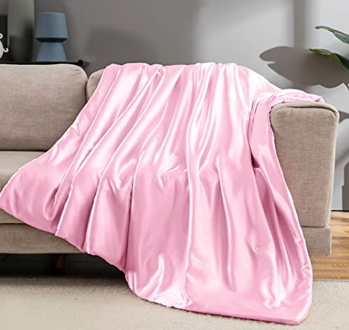 Vonty Satin Throw Blanket Blush Pink 90x90 Inches (With Small Flowers) - Cooling & Silky, Wrinkle-Free Cable Knit Big Size for Couch, Sofa, Bed, Outdoor