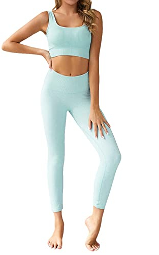 dohomiryo Damen Sportanzüge Jogginganzug Sport Sets 2 Teilig Workout Outfit Set Sport Crop Top+Hohe Taille Yoga Leggings Yoga Outfit Freizeitanzug Sportswear Hellblau M