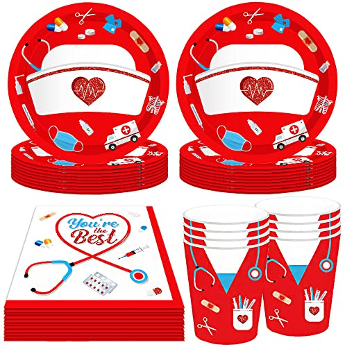 YGCHEN Partygeschirr Krankenschwester Geburtstag Deko Nurse Geschirr Pappbecher Pappteller Servietten Kindergeburtstag Dekoration Krankenschwester Party Geschirr Supplies 8 Personen