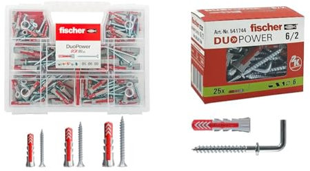 fischer - Kit Duopower Tacos pared con tornillo, Tacos pladur y hormigón, Caja Transparente, 160 uds & 541744 Taco con Gancho Duopower, Gris/Rojo, 25 pz, Set Piezas