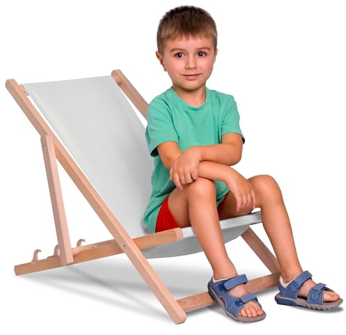 DreamRoots Kinder Liegestuhl Holz klappbar Outdoor, Pale Grey | Klappbarer Campingstuhl, faltbar, für Garten & Strand, bis 130 kg, waschbarer Bezug, 100% Polyester, UV-beständig
