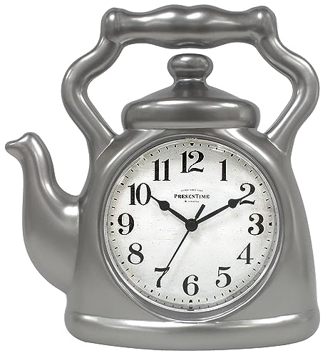 Presentime & Co. 11 Teapot Wall Clock, Silent Non Ticking, Modern Farmhouse Style, Steel Silver Finish