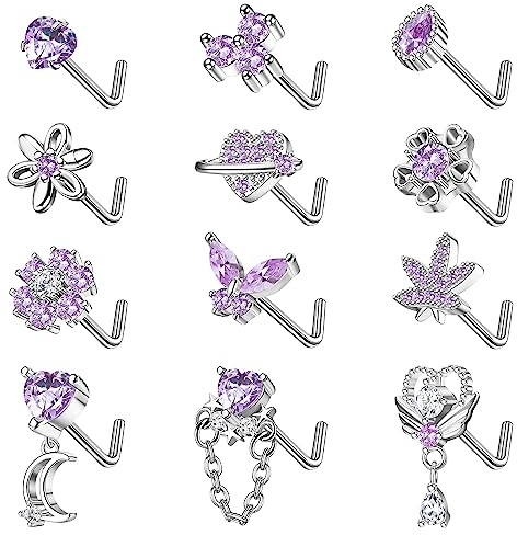Kakonia 12Pcs 20G Nose Rings - L Shaped Corkscrew Dangle Studs in Stainless Steel with CZ Heart, Moon, Butterfly Designs for Women & Men