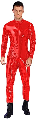 TiaoBug Herren Catsuit Lack Leder Body Langarm Ganzkörperanzug Skinny Fit Männerbody Zipper Vorne Einteiler Unterwäsche Lange Hose Clubwear Rot A 5XL