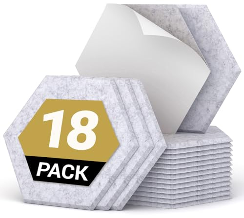 TONOR Lot de 18 Panneau Acoustique Mural Autocollante, 30 x 26 x 1cm Panneau Acoustique à Haute Densité, Mousse Acoustique Hexagonal Isolant Phonique pour Studio, Bureau, Chambre, Salon, Gris Clair