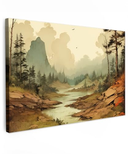 MuchoWow© Impression sur Toile Peinture 120x80 cm Tableau Mural Decoration Salon Reproductions de Tableaux Murale Moderne Vintage - Eau - Arbres - Nature - Montagnes