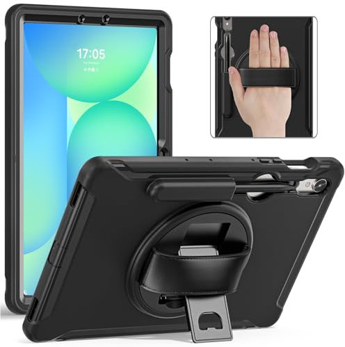 Junfire Case for Samsung Galaxy Tab S10 Lite 2025 / S10 FE / S9 FE 10.9 inch, Shockproof Kids Protective Case with Rotating Kickstand Hand Strap Pen Holder for Samsung S9 FE/S9/S8/S7 11 Tablet-Black