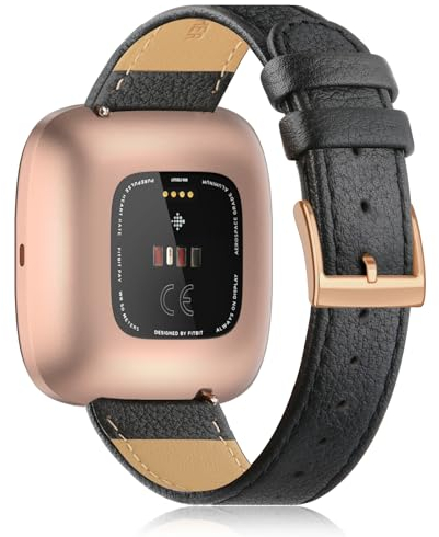 Tuocal Lederarmband Kompatibel für Fitbit Versa 2 Armband Fitbit Versa Armband Leder, Weiches Ersatzarmband für Fitbit Versa/Fitbit Versa 2 Damen Herren, Schwarz - Roségold Spange