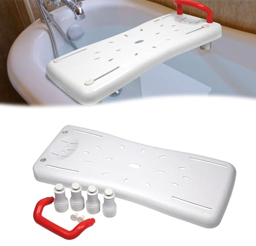 HENGMEI Tabla Bañera Adulto, Ayuda de Acceso a la Bañera, Asiento de Plástico Ajustable Baño Adultos, Tabla de Ducha para Bañera con Jabonera y Barra de Agarre, Asa Roja
