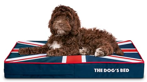 The Dog’s Bed Orthopaedic Memory Foam Dog Bed for Medium Dogs, Waterproof Washable Cover, Anti-Slip Base, Calming Surface – CertiPUR-Certified Foam, Blue with Red Trim & UK Central Flag, 10cm Thick
