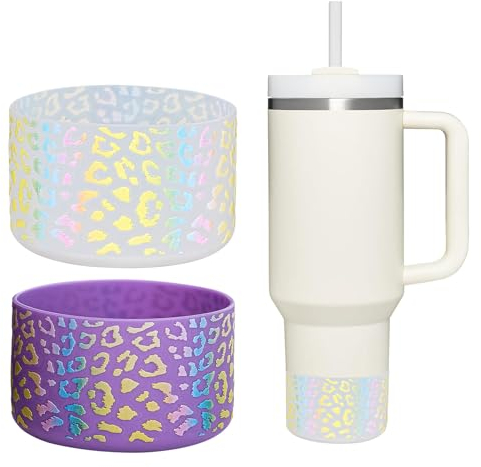 WK IEASON 2 Pcs Tumbler Bottom Protector Boot for Stanley Quencher Adventure 40oz & Stanley IceFlow 20oz 30oz and Compatible with Hydro Flask Water Bottle 12oz 21oz 24oz(LEO Transparent/Purple)