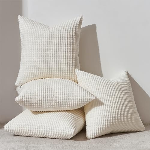 Topfinel Kissenbezug 40x40 Creme Weiß 4er Set Cord körnig Kissenbezüge Kissenhülle Dekokissenbezug Sofakissen Couchkissen für Sofa Schlafzimmer Wohnzimmer Balkon Kinder flauschig