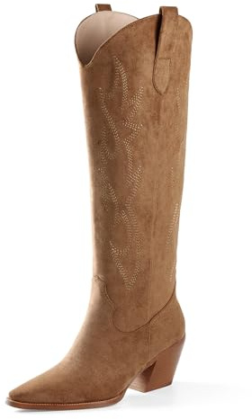 iiimmu Stivali da cowgirl da donna, stivali alti al ginocchio, a punta e tacco a blocco, stivali da cowboy in pelle scamosciata con ricamo, Marrone chiaro, 40.5 EU