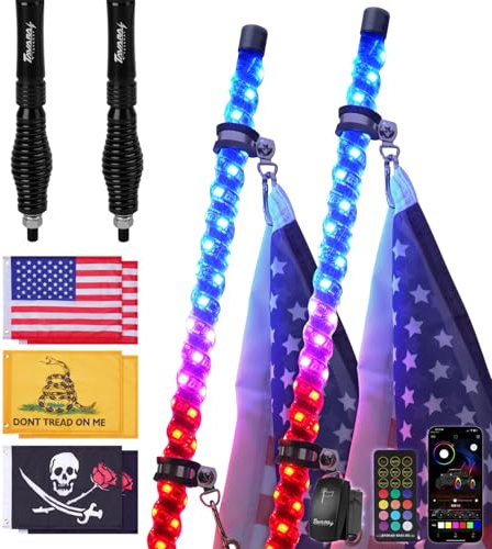 Lot de 2 fouets lumineux de 1,8 m avec base à ressort, lumières LED avec application et télécommande, fouets lumineux étanches à 360° avec interrupteur à bascule, fouet LED pour UTV, ATV, SXS, Polaris