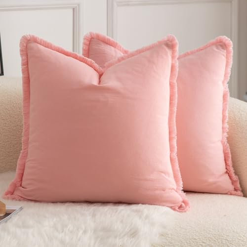 Mandioo 2er Set neutralen Baumwolle Quasten Kissenbezug 50x50cm Dekorative Kissenbezüge Dekokissen Boho Sofakissen Kissenhülle für Couch Sofa Schlafzimmer Wohnzimmer Heimdekoration Rosa
