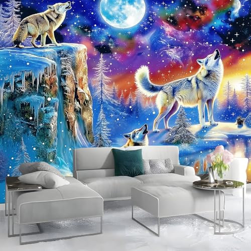 Papier Peint Loups hurlant montagne Papier peint intissé Bleu papier peint mural salle à manger chambre salon 400 x 280 cm Papier peint intissé