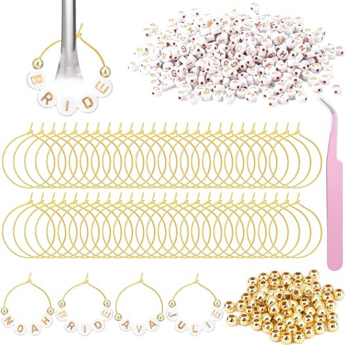 Outus 50 Set Personalized Wine Glass Charms Rings 500 Letters Beads 100 Golden Beads 50 Tone Hoops 1 Tweezer Custom Charms Wine Glass Markers for Party Bridal Shower, 0.16 x 0.28 inch/ 0.4 x 0.7 cm,