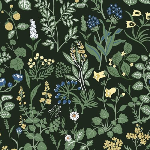 Timeet Selbstklebende Tapete Blumen Schwarz Klebefolie Möbel Möbelfolie Selbstklebend Blüten Beeren Muster Botanischer Blumentapete Möbelaufkleber Wasserfest Vinyl Folie für Möbel, Küche 44x300CM