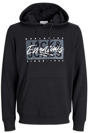 JACK & JONES Hoodie Herren – Lässiger Kapuzenpullover aus Baumwoll-Mix mit Print, Kapuzenpullover mit Kängurutasche, Streetstyle Langarm-Pullover für Freizeit & Alltag – Größe: L – Farbe: Schwarz