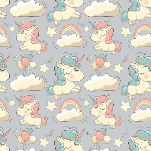 Fabreco Flanell Kinderstoff Meterware – Karo, Baumwollstoff, 1lfm, Stoffbreite 160cm - Einhorn mit einer Wolke Graue-Farbe