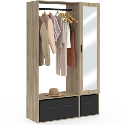 IDMarket - Kleiderschrank Berenice 105 x 40 x 172 cm Buche mit Regalen + Aufbewahrungsboxen Schwarz + Spiegel