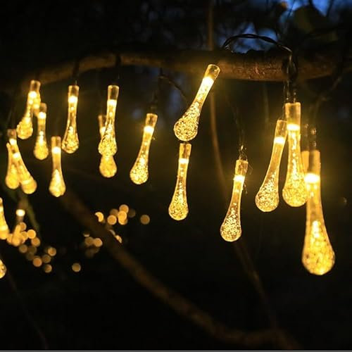 Guirlande lumineuse en forme de goutte d'eau de 6,1 m 40 LED alimentée par piles – Blanc chaud – Guirlande lumineuse à DEL pour décoration d'intérieur et d'extérieur, fête, mariage, Noël, vacances
