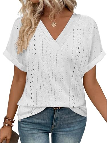 iChunhua White Blouses for Women UK Short Sleeve Tops Casual Dressy Ladies V Neck T Shirts Size 16 White XL