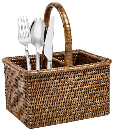 Cutlery Holder Caddy Two Compartment Utensil Pot Condiment Holder with Carrying Handle Kitchen Worktop Dining Table Accessories Storage Rattan Cutlery Tray (Brown)