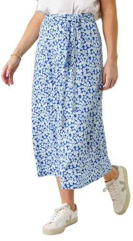 Roman Jersey Skirt for Women UK - Ladies Midi Maxi Floral Animal Print Summer Spring Holiday Swing Smart Casual Work Cocktail Party Going Out Holiday Cruise - Petite Ditsy Blue - Size 18