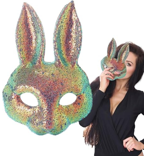 lisutupode Halbgesichtshäschen-Abdeckung, halbes Gesicht, Pailletten-Maskerade, Hasenabdeckungen – Cosplay-Requisiten, Kostümzubehör für Damen, Halloween, Ostern, Maskerade